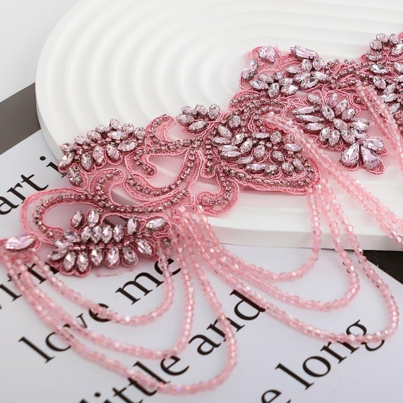 amusediy Pink Beaded Rhinestones Applique Embellishment for Clothes,Epaulettes Shoulder Patches Sew-on Diamond Sequin Applique for Wedding Dress DIY Accessories Belt Waist Decoration - Image 4
